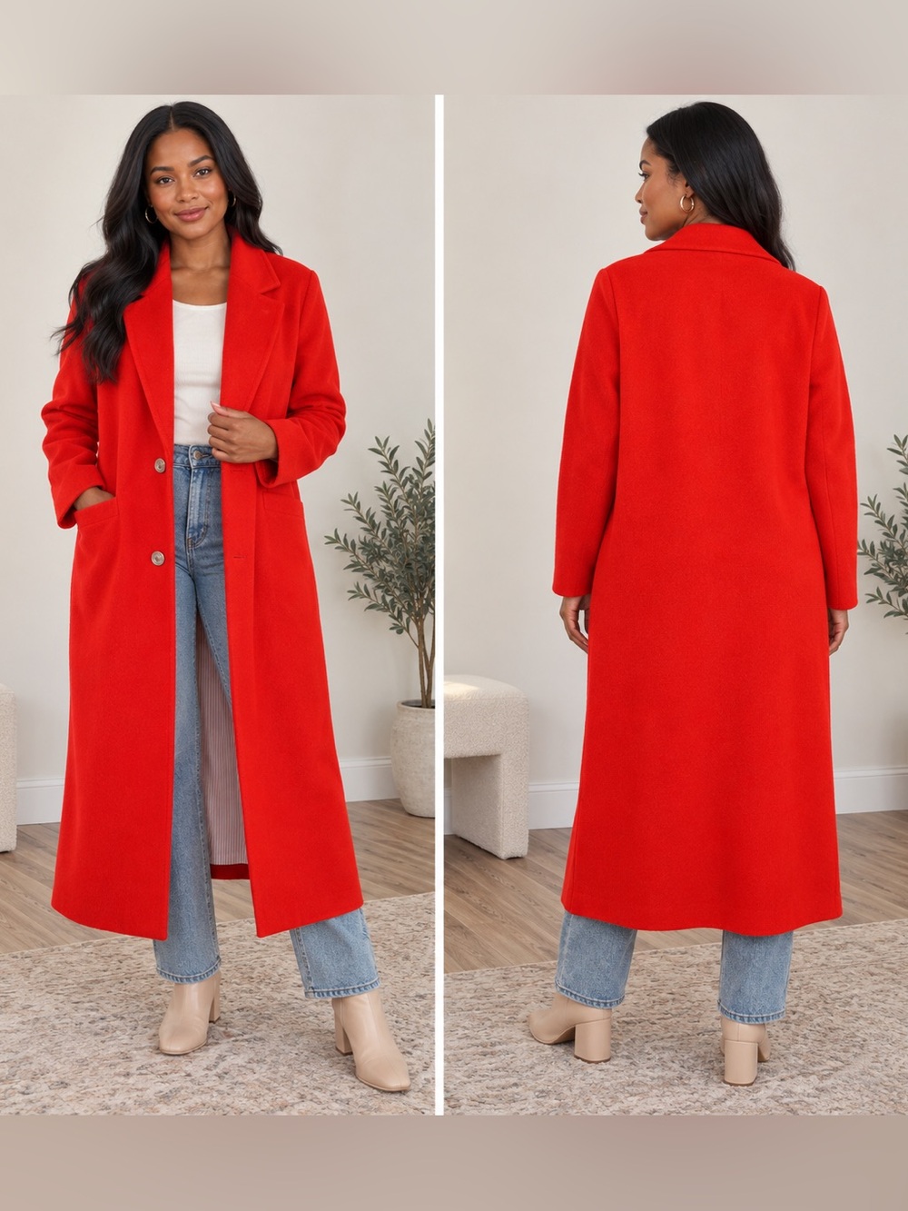 Boohoo Orange Red Longline Tailored Coat Notch Lapel Size M